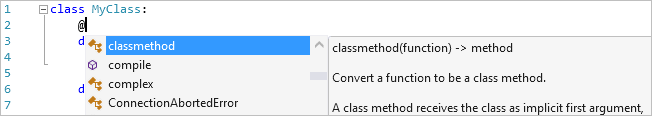 显示 Visual Studio 编辑器中修饰器完成的屏幕截图。