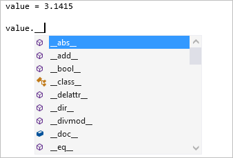 显示 Visual Studio 编辑器中专用的 dunder 成员完成类型的屏幕截图。