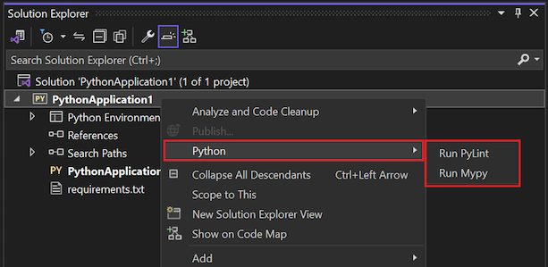 显示解决方案资源管理器中 Python 项目的可用 linting 命令的屏幕截图。