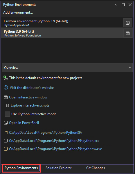 显示 Visual Studio 中的“Python 环境”窗口的屏幕截图。