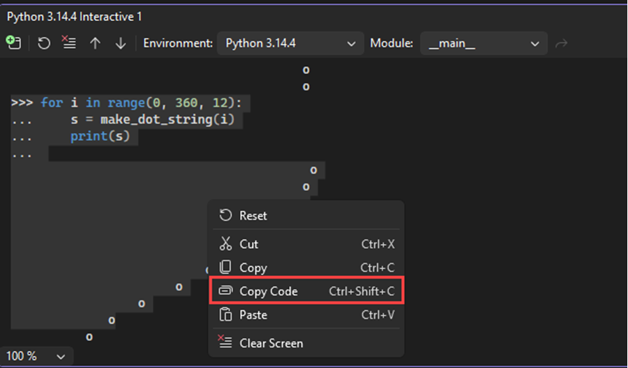 屏幕截图显示了 Visual Studio 中交互式窗口的复制代码命令，该命令应用于包含提示符和输出的选定区域。