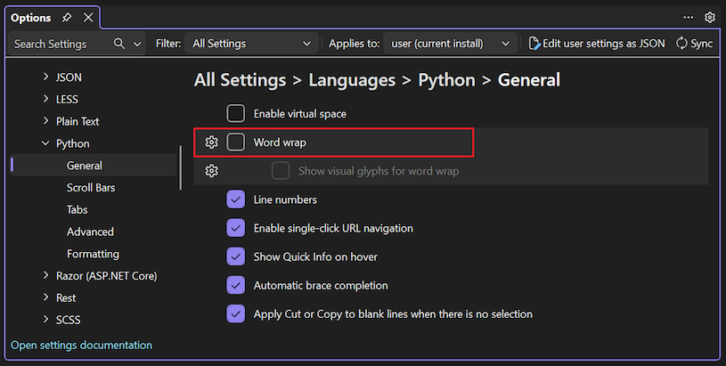显示如何在 Visual Studio 中为 Python 启用单词换行的屏幕截图。