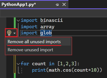 显示如何访问选项以删除 Visual Studio 2022 中未使用的导入的屏幕截图。