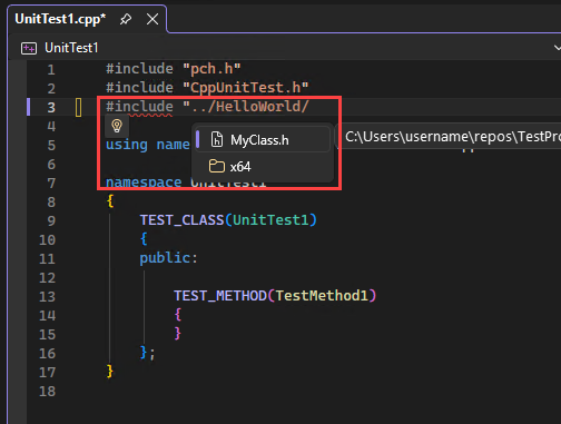 屏幕截图显示 Visual Studio 的解决方案资源管理器，其中 IntelliSense 突出显示了 #include 语句中的头文件。