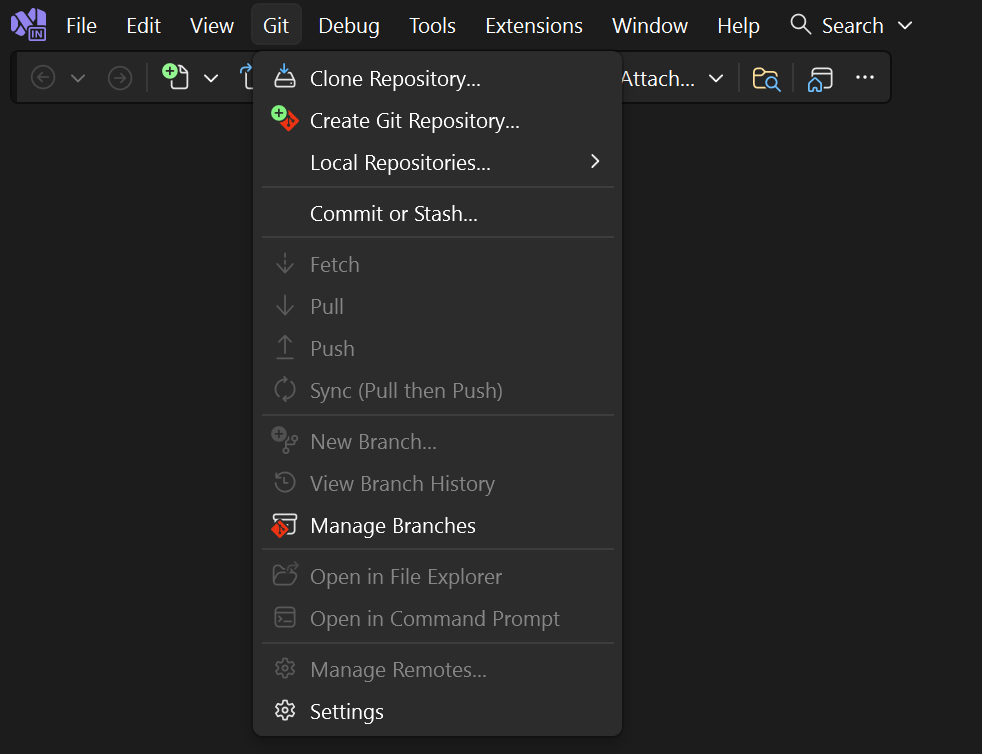 显示 Visual Studio 中 Git 菜单中的完整“克隆存储库”选项的屏幕截图。
