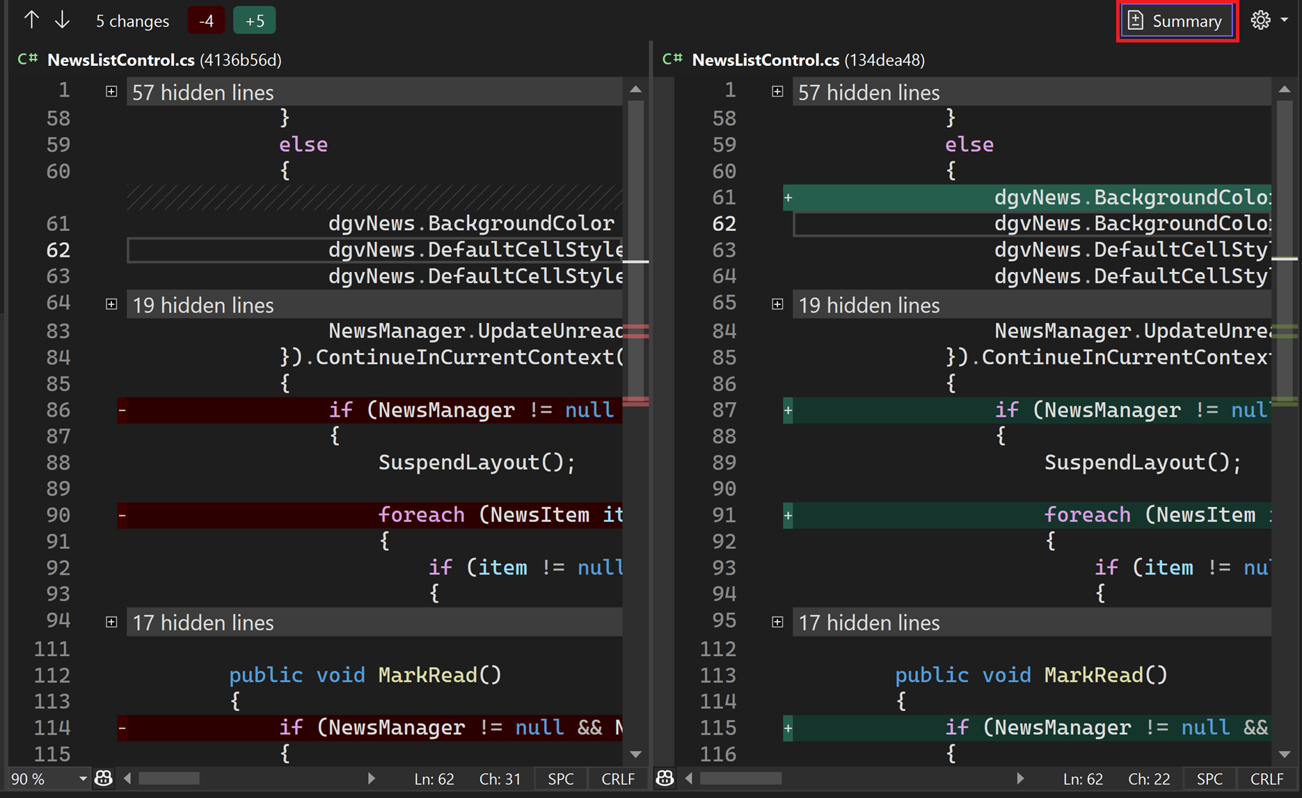 在 Visual Studio 2022 中，“新建拉取请求”窗口的摘要按钮文本被突出显示。