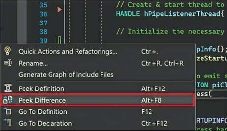 Visual Studio 中右键单击上下文菜单的屏幕截图，可在其中选择“查看差异”。