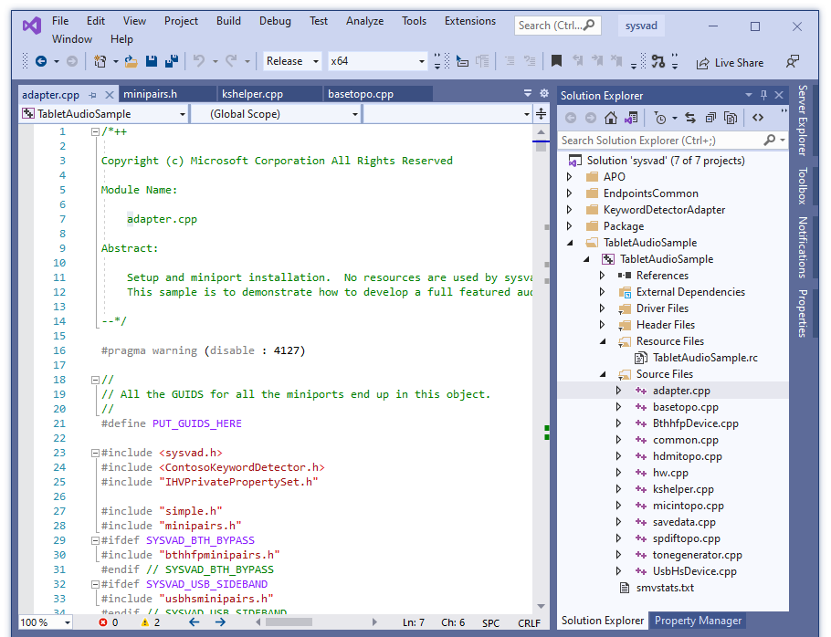 Visual Studio 的屏幕截图，其中包含从 Sysvad 项目加载的adapter.cpp文件。