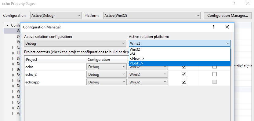 Configuration Manager 对话框的屏幕截图，其中“活动解决方案平台”下拉列表下突出显示了“新建”选项。