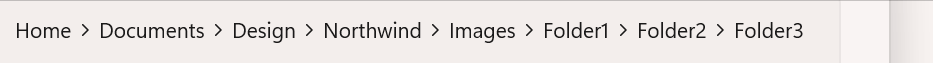 痕迹导航栏包含以下节点：Home、Documents、Design、Northwind、Images、Folder1、Folder2、Folder3。会调整应用的大小，使痕迹导航栏折叠并用省略号替换最左侧的节点。然后，单击省略号会打开一个带有折叠节点的浮出控件