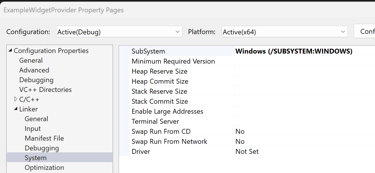 屏幕截图显示 C++ 小组件提供程序项目属性，输出类型设置为“Windows 应用程序”