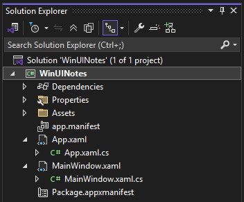 在 Visual Studio 的解决方案资源管理器中显示 WinUI 项目的文件。