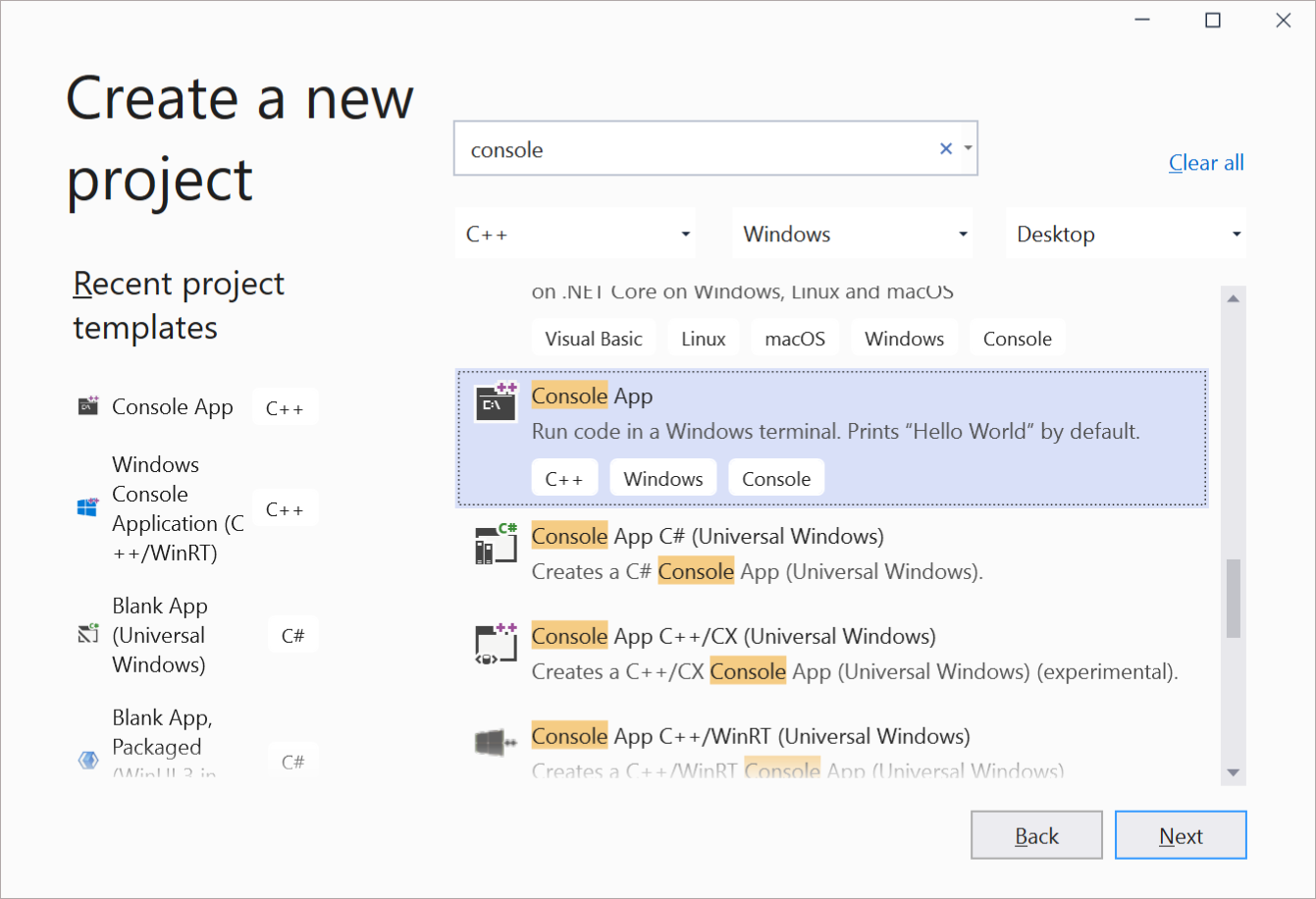 在 Visual Studio 中创建新的 C++ 应用程序的截图