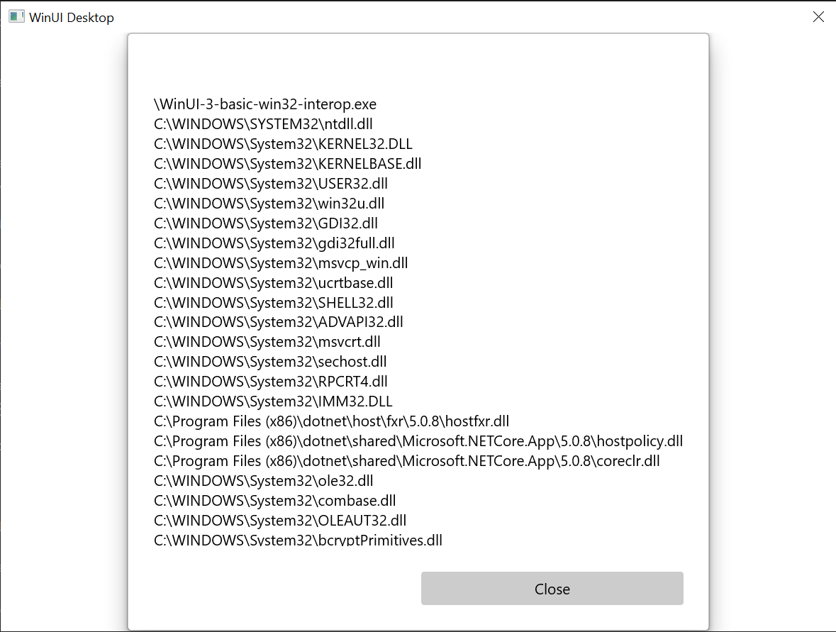 本主题中所述的基本 Win32 互作应用程序的屏幕截图。