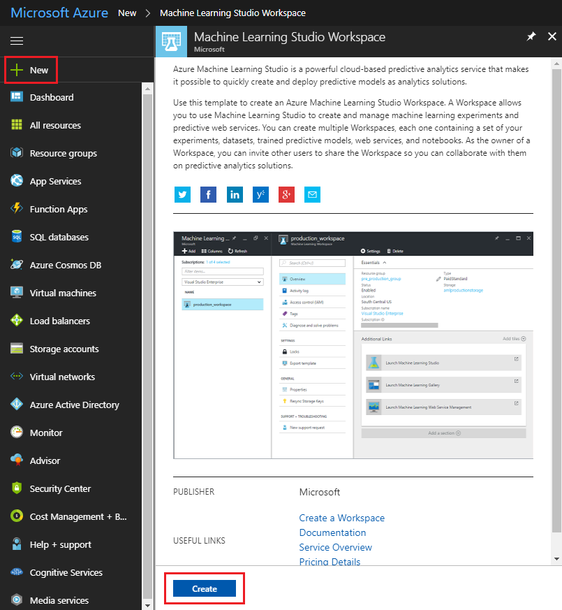 Microsoft Azure 窗口的屏幕截图,其中显示了内容窗格中机器学习 Studio 工作区。