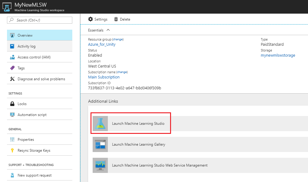 Microsoft Azure 窗口的屏幕截图,其中显示了内容窗格中突出显示的“启动”机器学习 Studio 链接。
