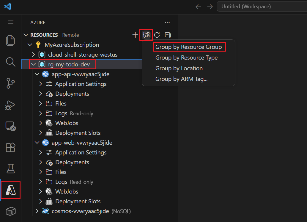 VS Code Azure 檢視的截圖顯示資源依資源群組分組，並開啟「依群組分類」選單。