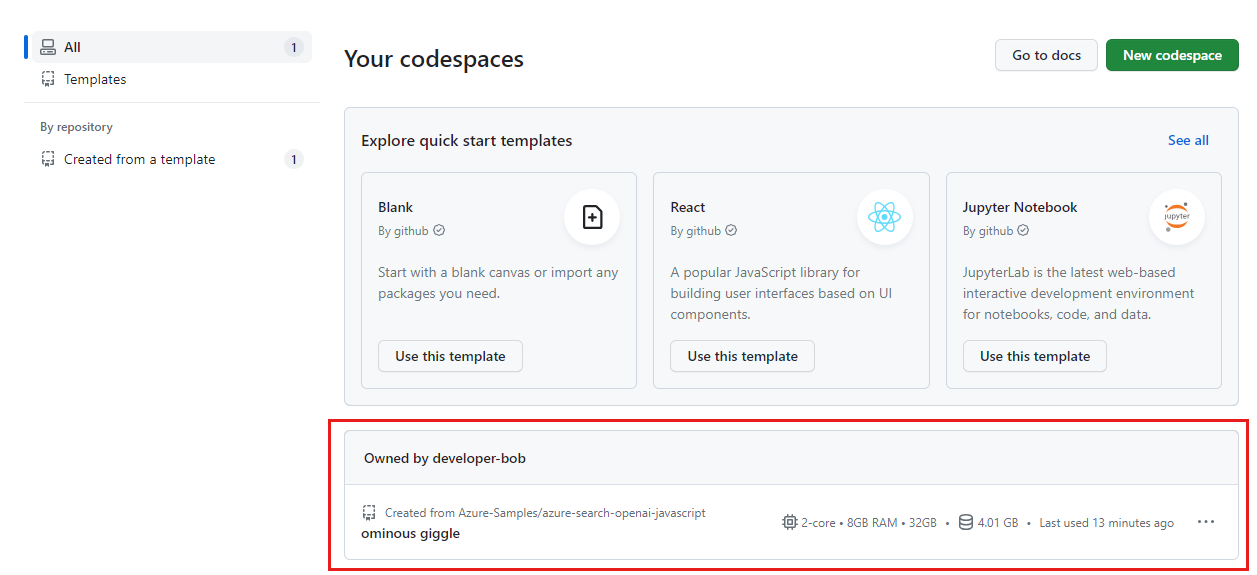 所有執行中的 Codespaces 的螢幕擷取畫面，包括其狀態和範本。