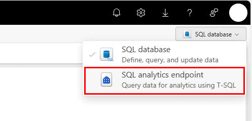 來自 Fabric 入口網站的螢幕快照，包含 SQL 資料庫或 SQL 分析端點的下拉式清單選取器。