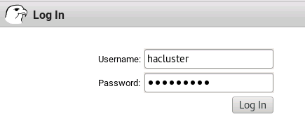 Pacemaker 網頁介面登入頁面截圖，輸入了 hacluster 用戶名。
