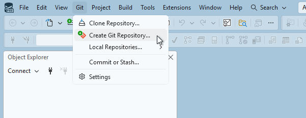 從 SQL Server 管理工作室 Git 選單中「建立 Git 倉庫」選項的截圖。