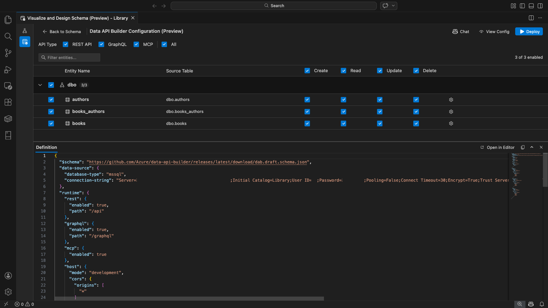 Visual Studio Code 中 Data API 建構器介面的截圖，包含實體清單和 CRUD 勾選框。