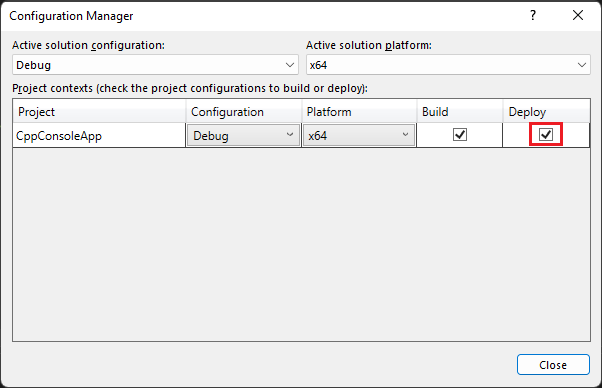 Visual Studio Solution Explorer 中Configuration Manager的截圖。已選擇除錯設定，並勾選部署。