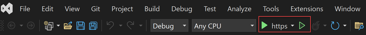 螢幕擷取畫面顯示 Visual Studio 工具列中醒目提示的 https 按鈕。