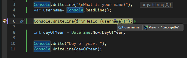 在 Visual Studio 除錯時顯示變數值的截圖。