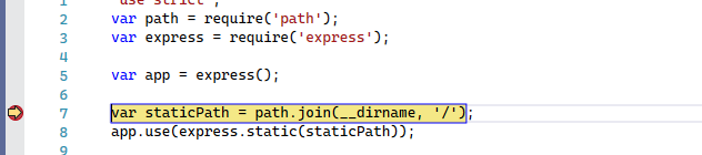 Visual Studio Code 視窗顯示 JavaScript 程式碼的截圖。左側排水溝上的紅點帶黃色箭頭表示程式碼執行暫停。