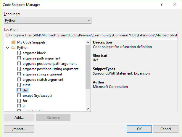 顯示 Visual Studio 中程式碼片段管理員的螢幕擷取畫面。