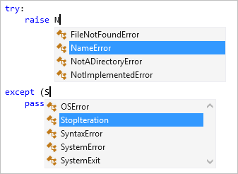 螢幕擷取畫面，顯示 Visual Studio 編輯器中的例外補全。