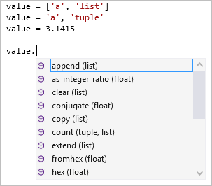 螢幕擷取畫面，顯示 Visual Studio 編輯器中多個類型的成員完成。