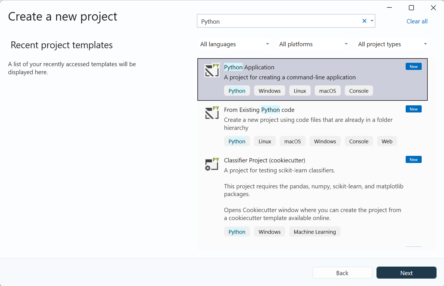 截圖顯示 Visual Studio 中「建立新專案」對話框。Python 專案範本是可見的。
