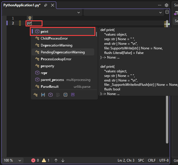 顯示在 Visual Studio 編輯器中 IntelliSense 自動完成選項的截圖。預設完成選項已被突顯。