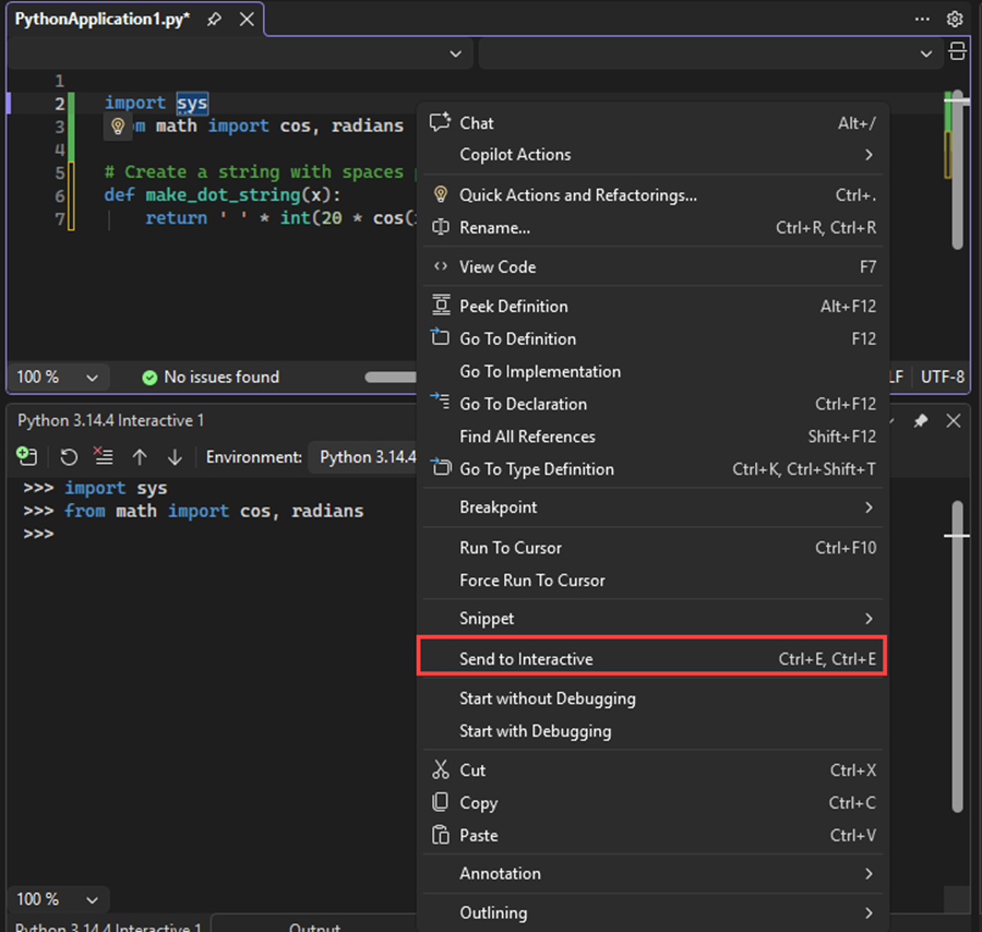 此螢幕快照顯示如何將匯入和從語句的程式代碼傳送至 Visual Studio 中的互動式視窗。