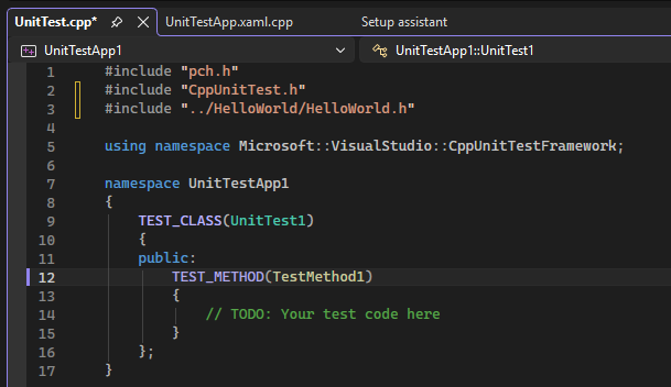截圖顯示在 Visual Studio 中使用 TEST_CLASS 和 TEST_METHOD 巨集的存根類別和方法。